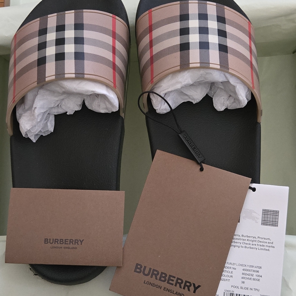 Grab These For The Summer, Burberry Beige Nova Check Slide Sandals
